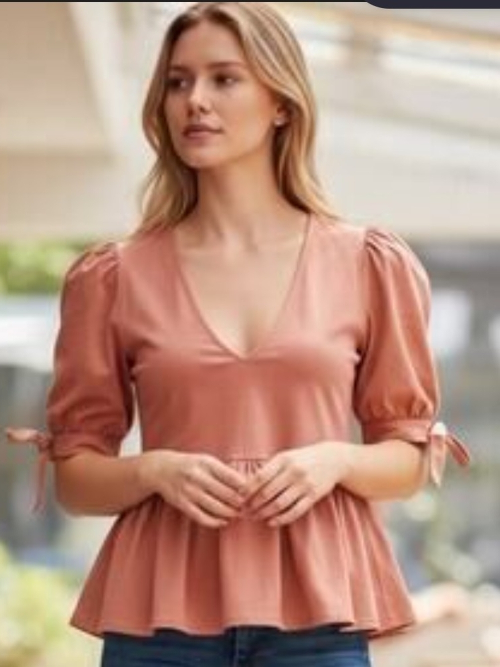 Zara Terracotta V-Neck Peplum Puff-Sleeve Top
